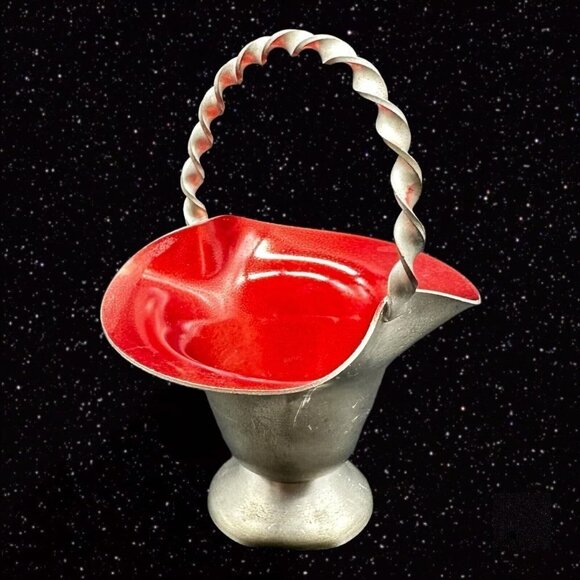 Vintage Norway Mid Century Modern Pewter Small Basket Red Metal Enameled 4”T - Picture 2 of 11